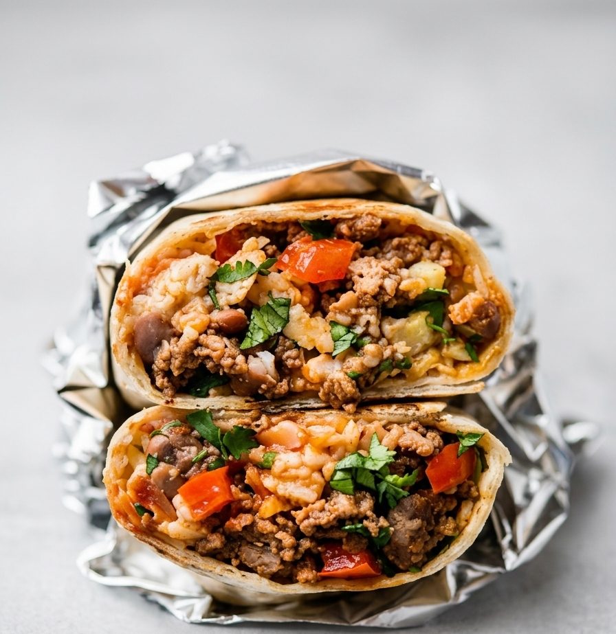Burrito sliced in half showing rice, beans, and meat