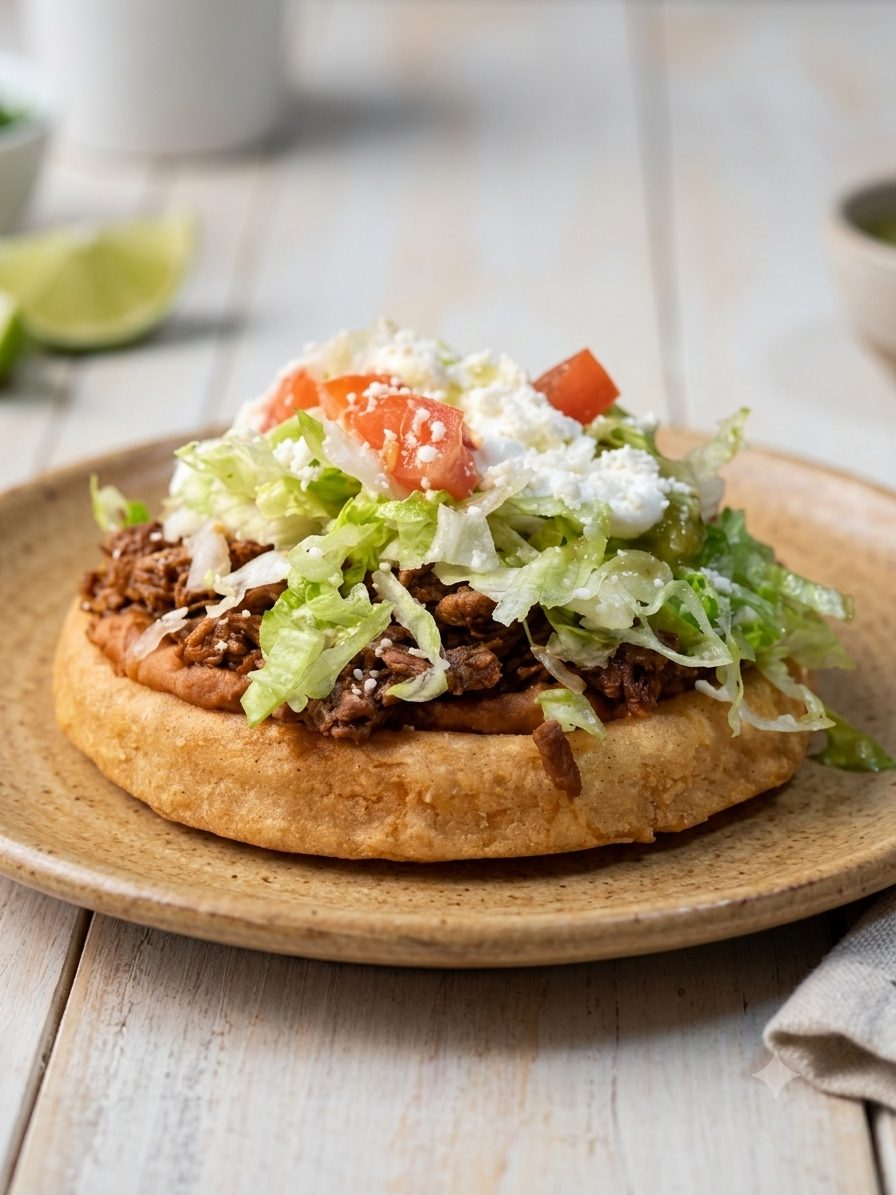 Sope topped with meat, lettuce, and cheese